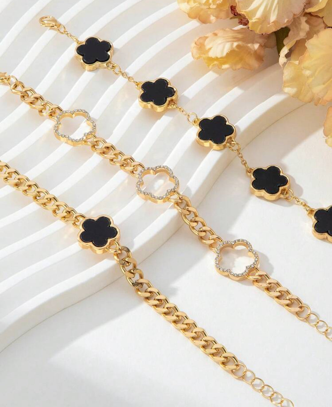 3pcs rhinestone decor thick chain bracelets in black