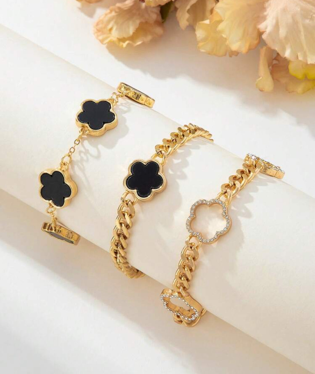 3pcs rhinestone decor thick chain bracelets in black