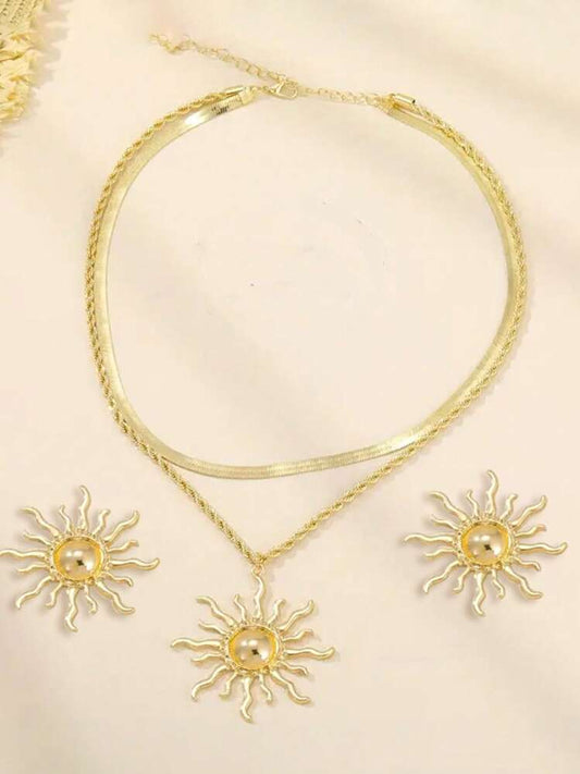 3pcs sunflower design necklace set in gold