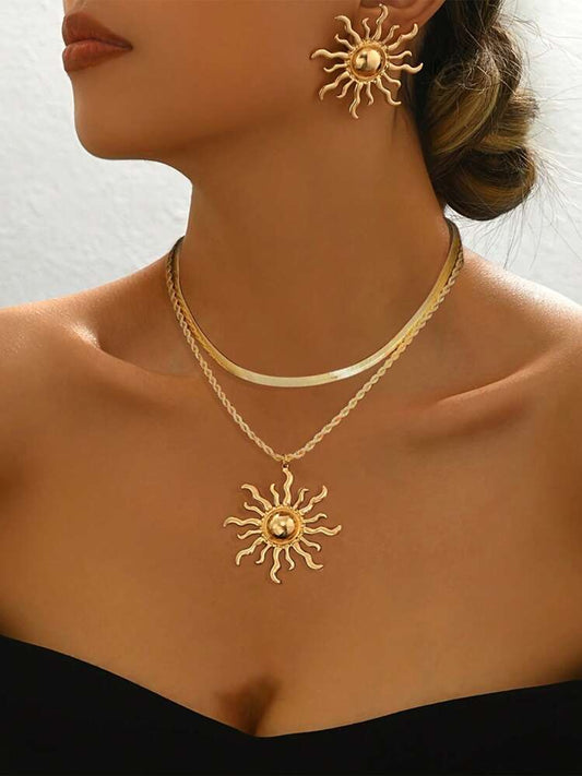 3pcs sunflower design necklace set in gold