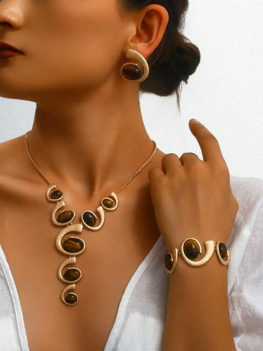 4pcs exaggerated gold jewelry set in brown