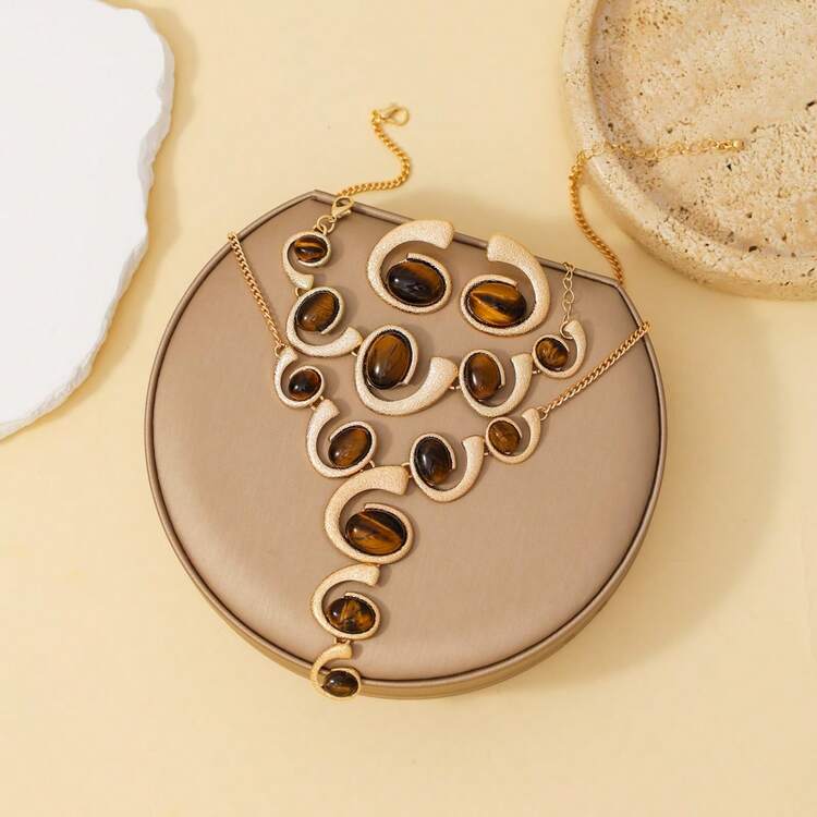 4pcs exaggerated gold jewelry set in brown