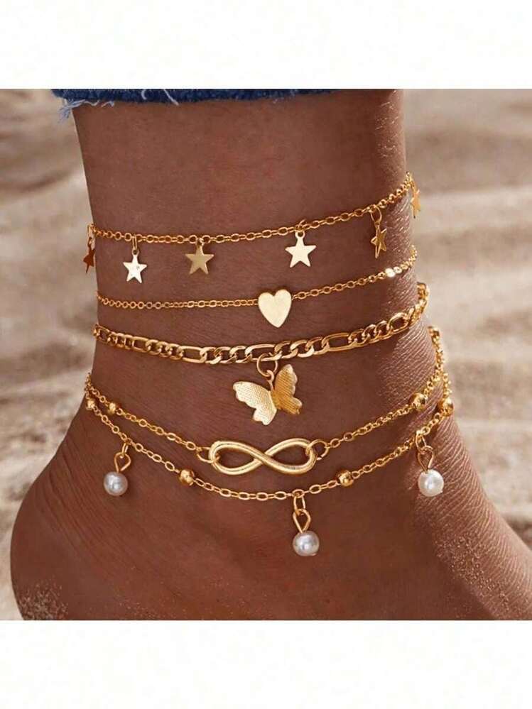 4pcs set butterfly heart beaded anklet in gold