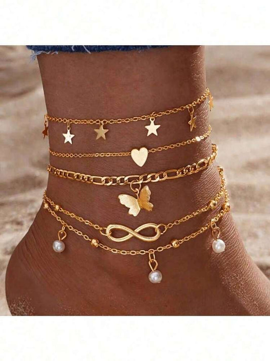 4pcs set butterfly heart beaded anklet in gold