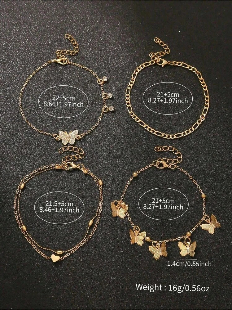 4pcs set butterfly heart beaded anklet in gold