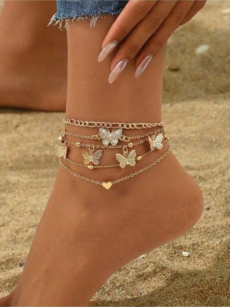 4pcs set butterfly heart beaded anklet in gold