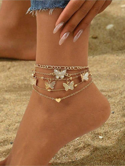4pcs set butterfly heart beaded anklet in gold