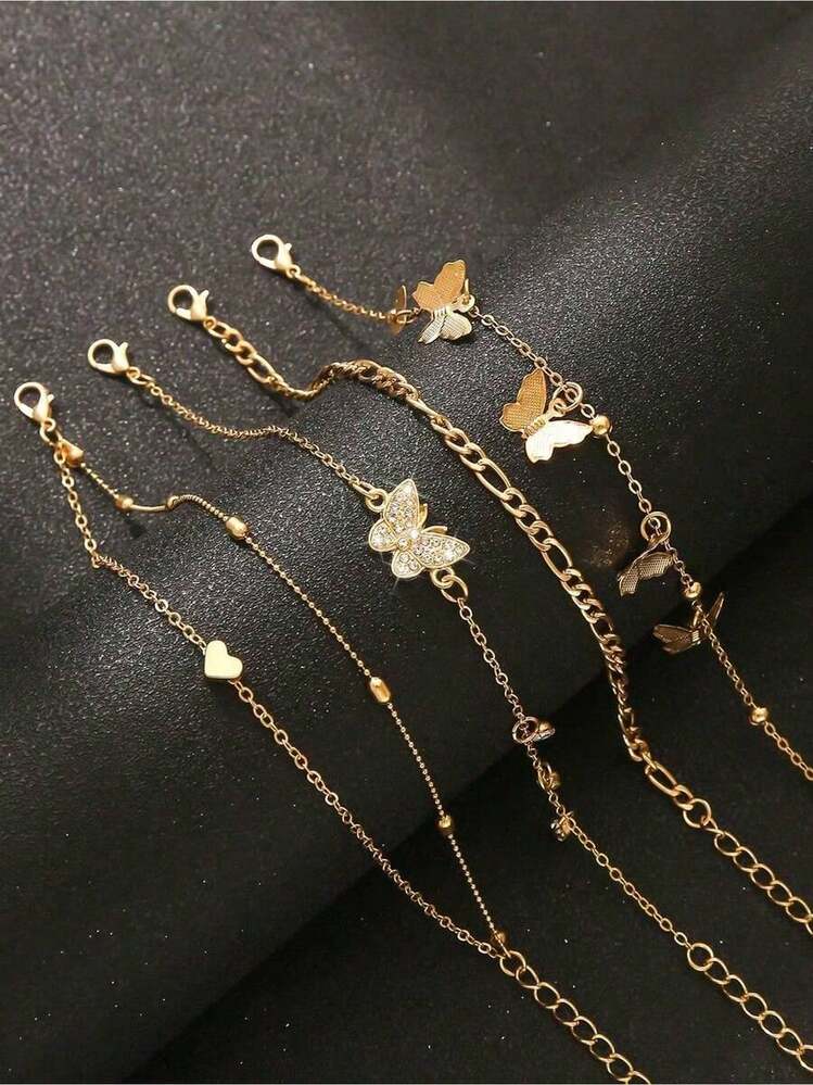 4pcs set butterfly heart beaded anklet in gold