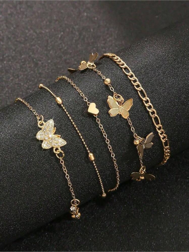 4pcs set butterfly heart beaded anklet in gold