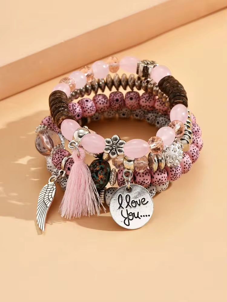 4pcs set tassel beaded bracelets in pink