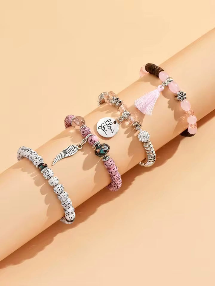 4pcs set tassel beaded bracelets in pink