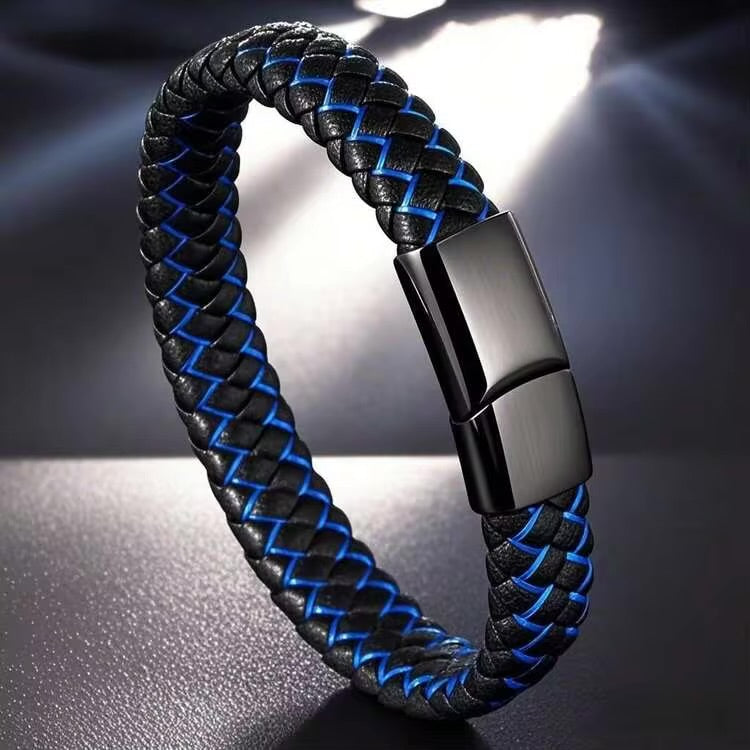 Titanium steel braided leather wristband