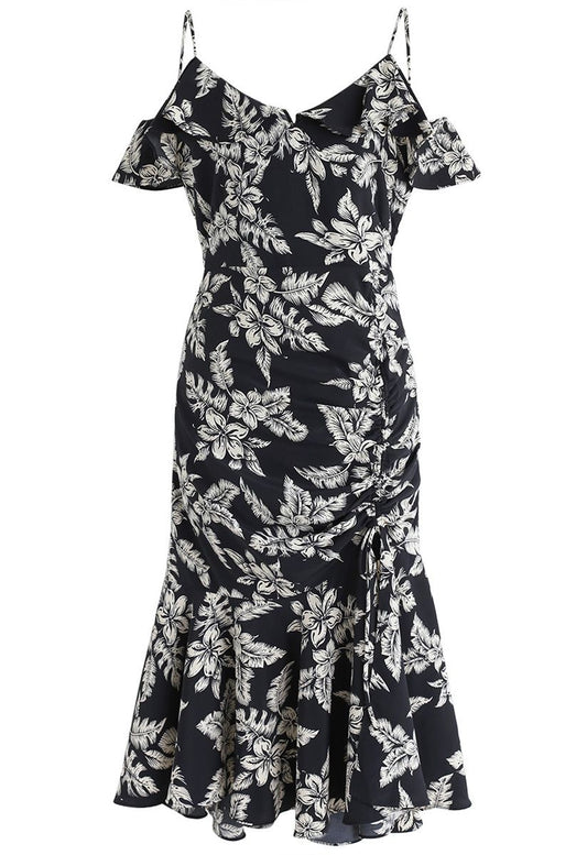 Black leaf print cold shoulder ruffle detail dress