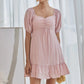 Puff sleeve sweetheart neck ruffle hem belted dress in lilac