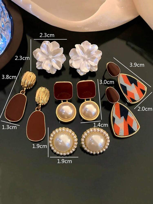 5pcs set floral enamel pearl stud earrings set in multi