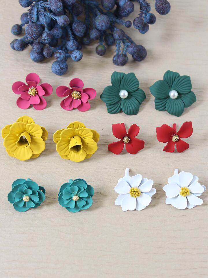 6pairs set flower decor stud earrings in multi