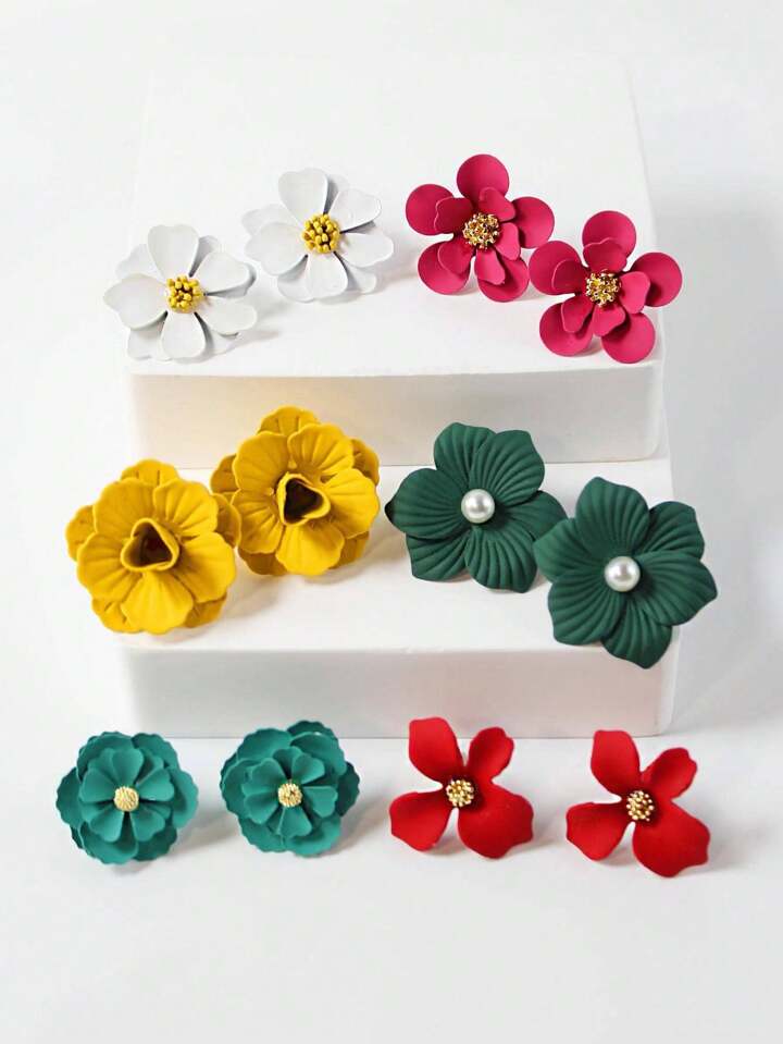 6pairs set flower decor stud earrings in multi