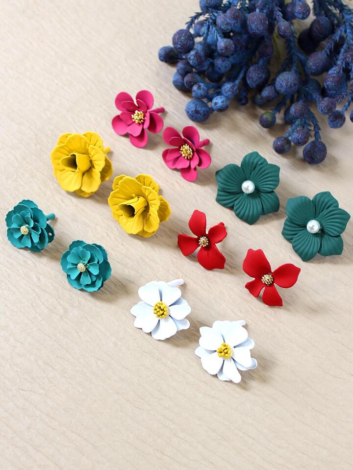6pairs set flower decor stud earrings in multi