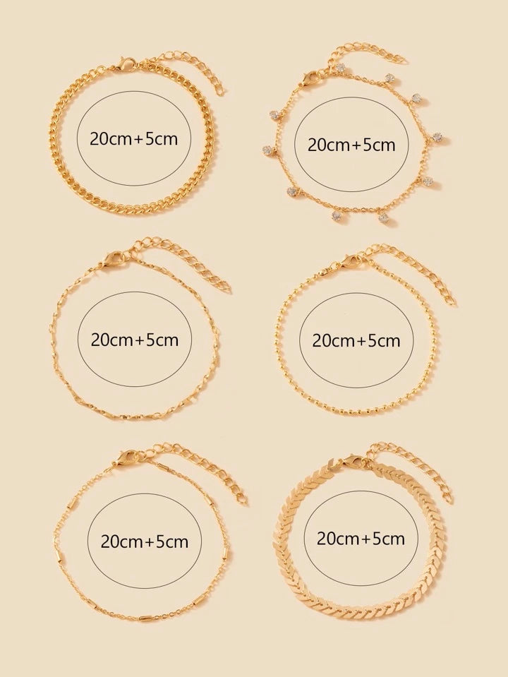 6pcs crystal & chain anklet in gold