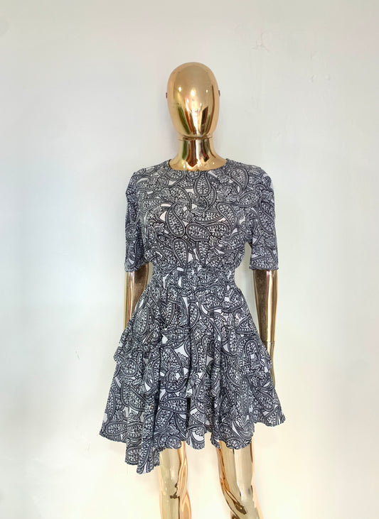 Black printed tier ruffle mini dress