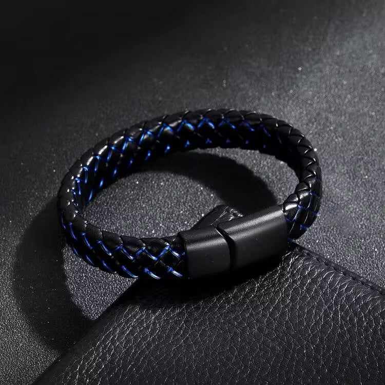 Titanium steel braided leather wristband