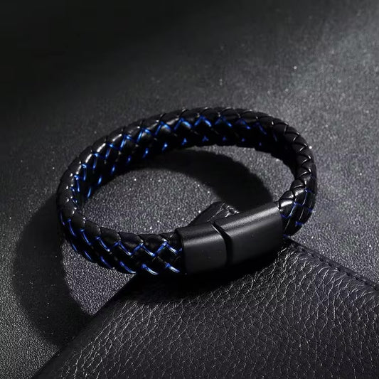 Titanium steel braided leather wristband