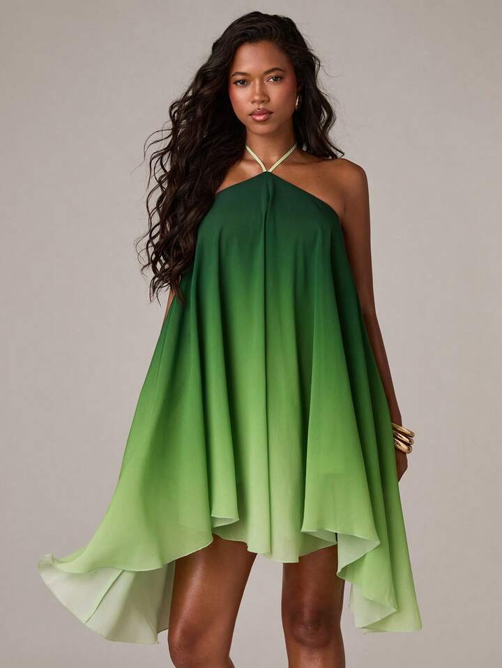 A-line asymmetrical hem ombre dress in green