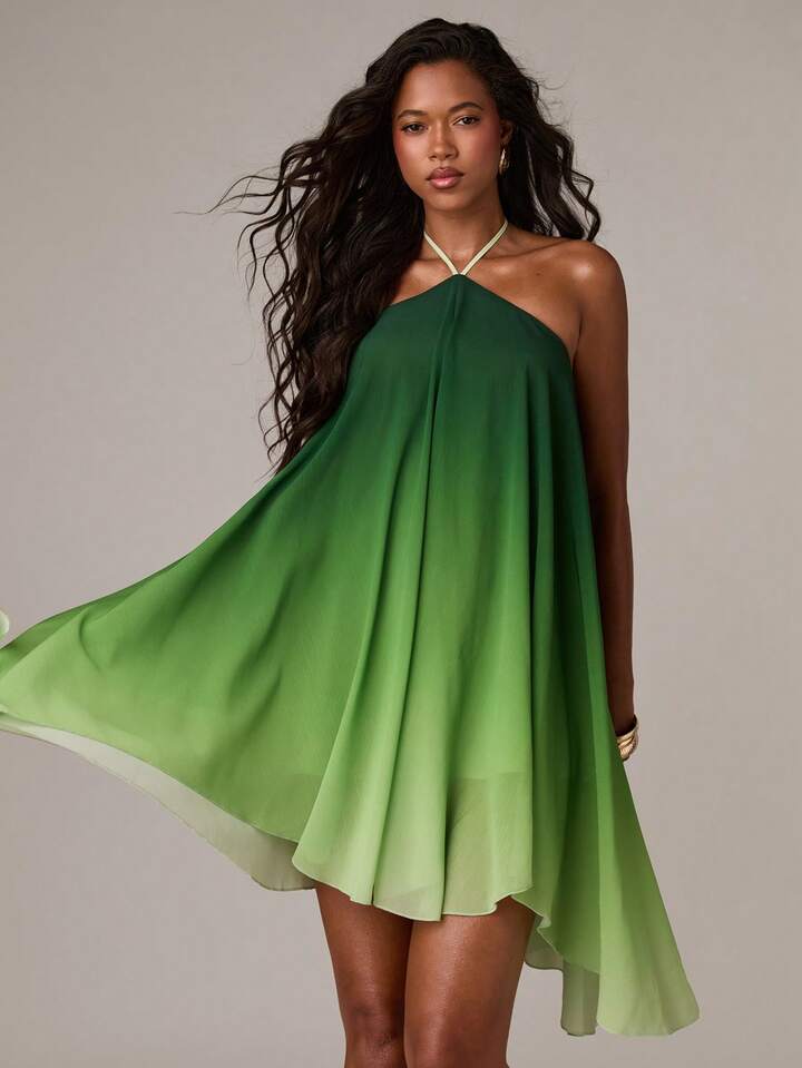 A-line asymmetrical hem ombre dress in green