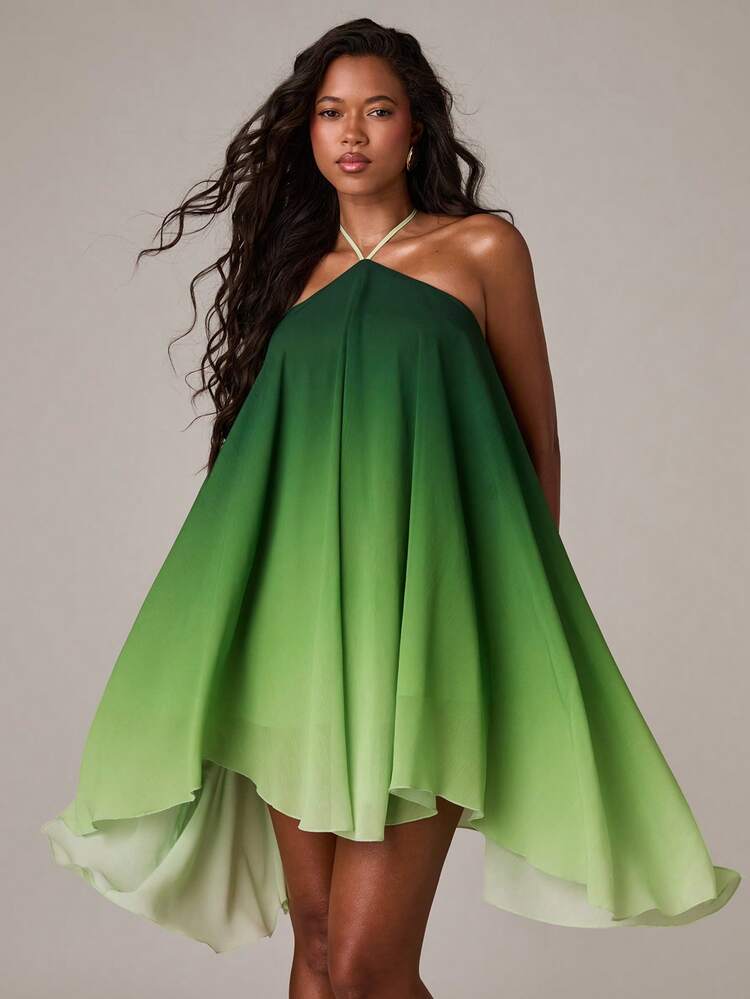 A-line asymmetrical hem ombre dress in green