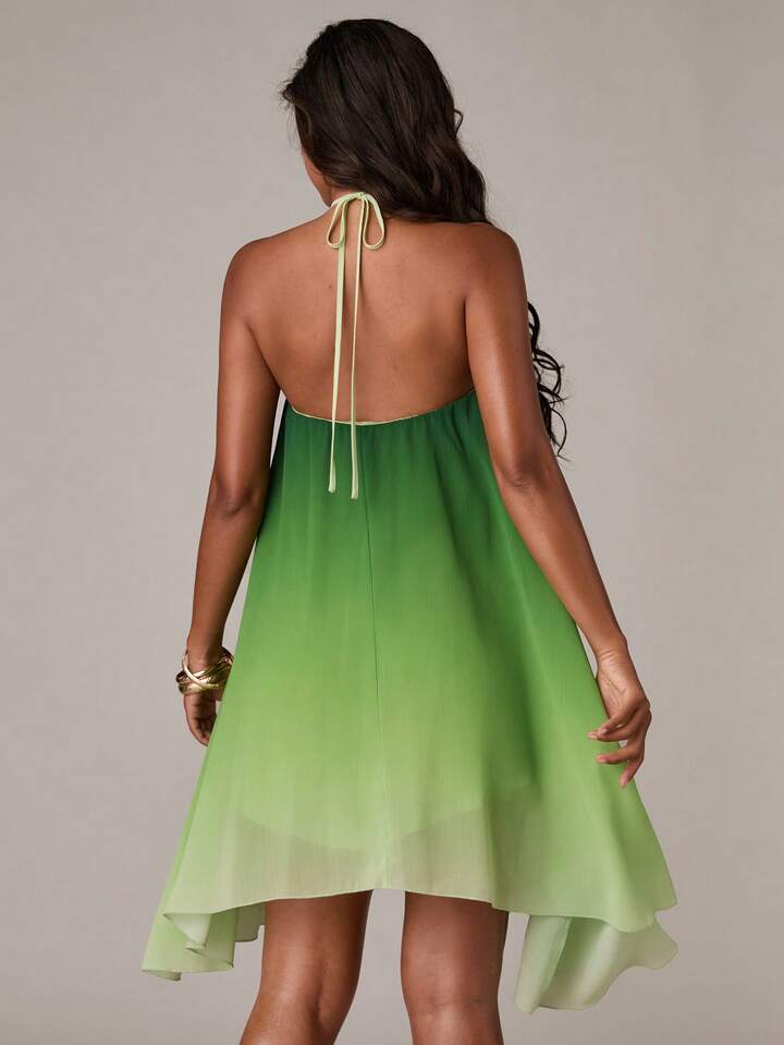 A-line asymmetrical hem ombre dress in green