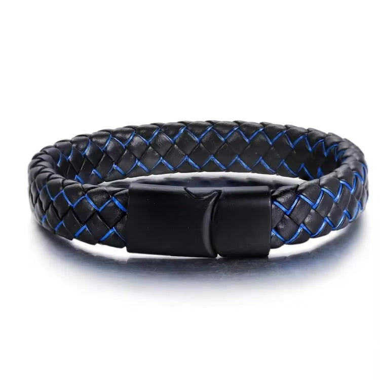 Titanium steel braided leather wristband
