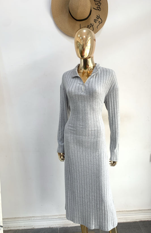 Solid color long sleeve collared ribbed zip detail dress in grey