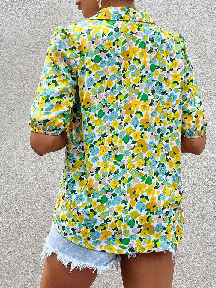 Allover floral print puff sleeve shirt