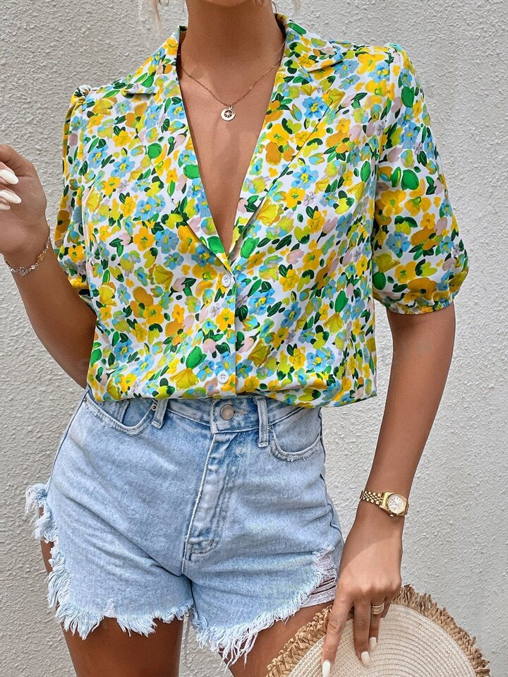 Allover floral print puff sleeve shirt