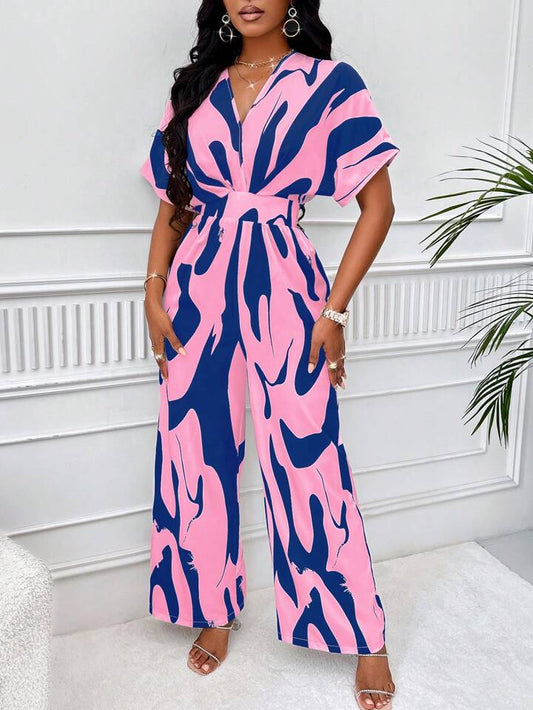 Allover print batwing sleeve jumpsuit in blue