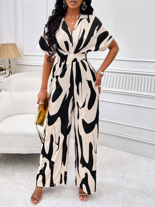 Allover print batwing sleeve jumpsuit in nude