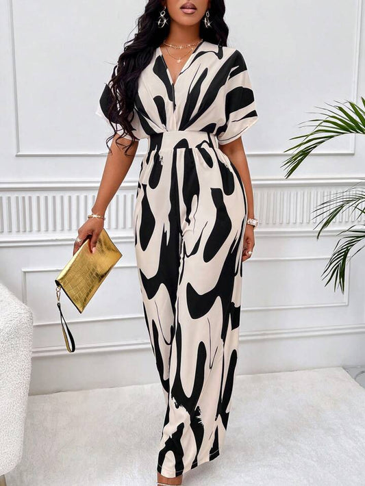Allover print batwing sleeve jumpsuit in nude