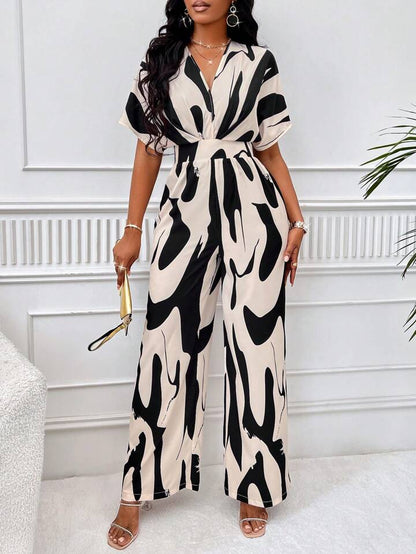 Allover print batwing sleeve jumpsuit in nude