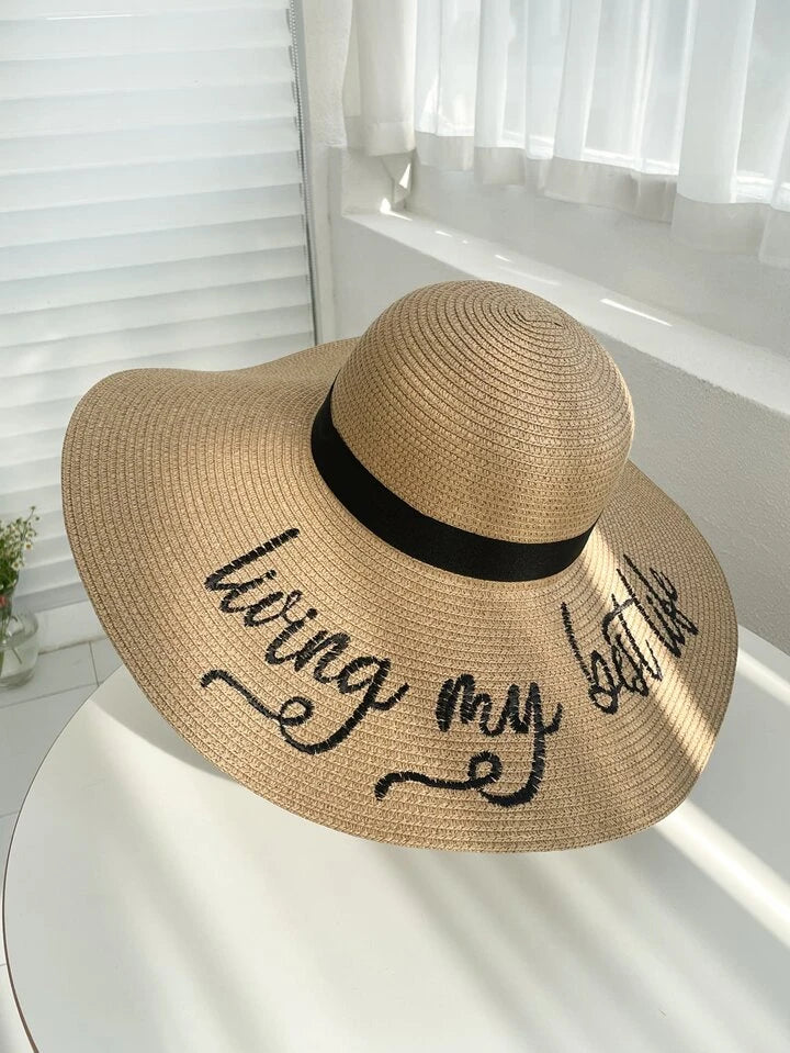 Alphabet pattern wide brim straw hat in khaki