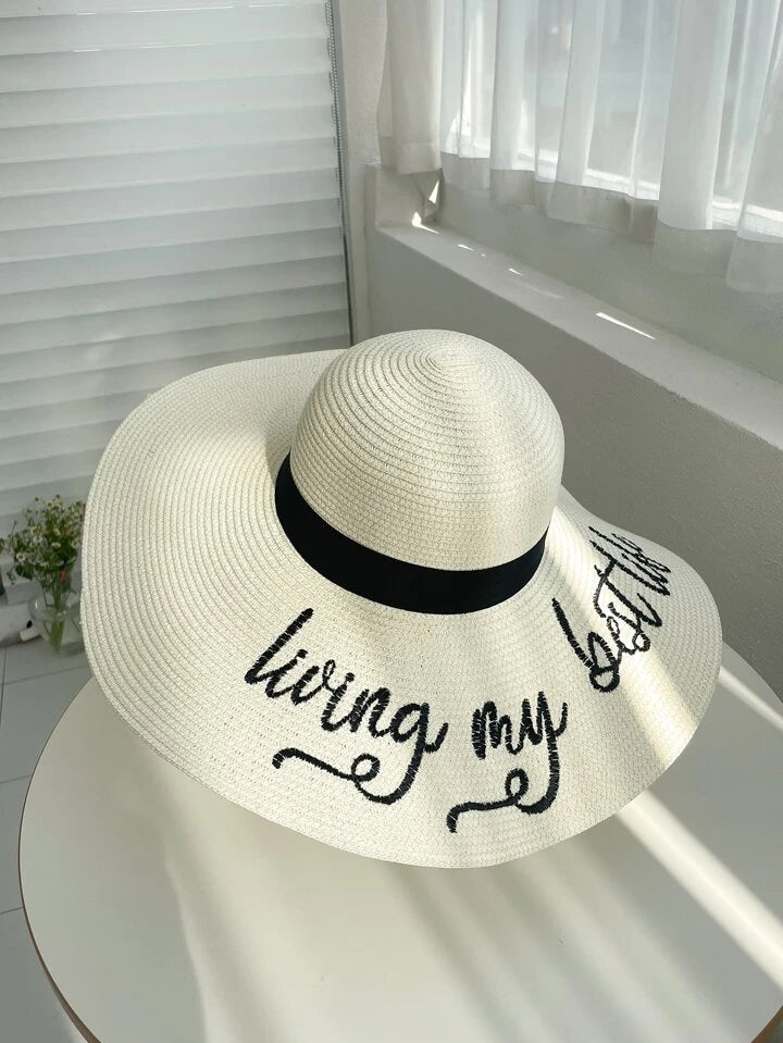 Alphabet pattern wide brim straw hat in white