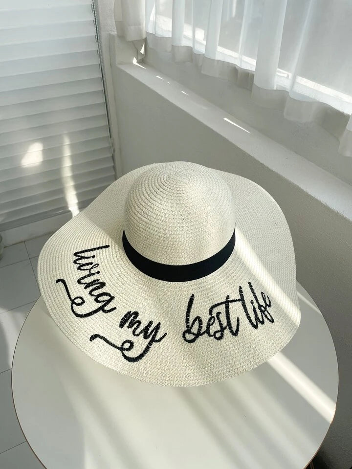 Alphabet pattern wide brim straw hat in white