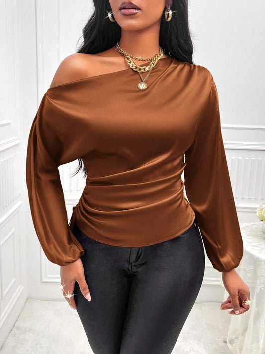 Asymmetrical collar lantern sleeve blouse in brown
