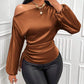 Asymmetrical collar lantern sleeve blouse in brown