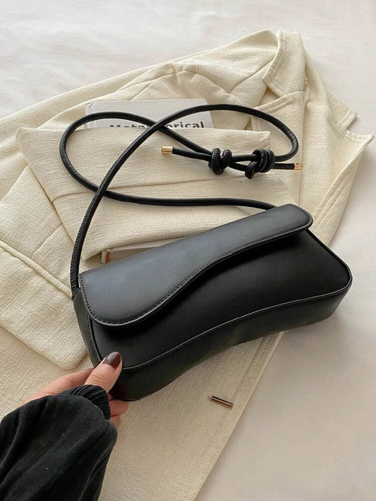 Asymmetrical flap adjustable shoulder bag in black