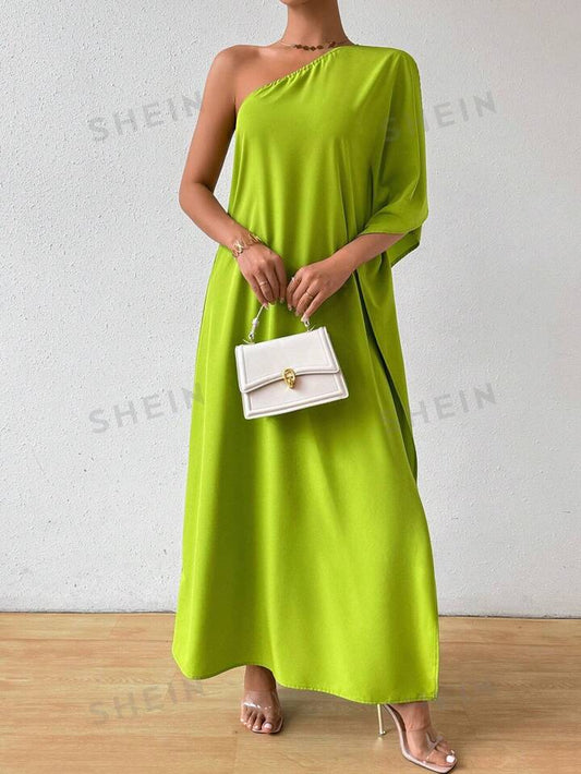 Asymmetrical neck batwing sleeve slit maxi solid color dress in green