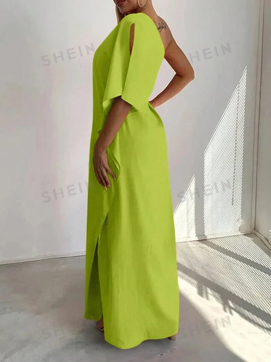 Asymmetrical neck batwing sleeve slit maxi solid color dress in green