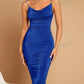 Asymmetrical neck draped front ruched bodycon dress in blue