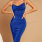 Asymmetrical neck draped front ruched bodycon dress in blue