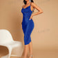 Asymmetrical neck draped front ruched bodycon dress in blue