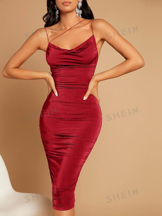 Asymmetrical neck draped front ruched bodycon dress in red